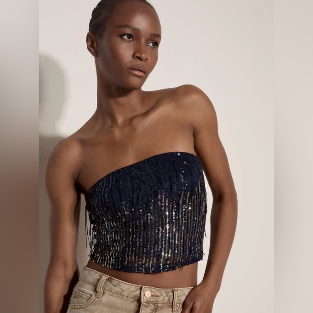 APRICOT 🍑 - Navy Sequin Fringe Bandeau Crop Top